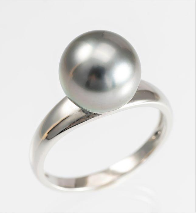 The white gold band ring showcases the colours of this beautiful Tahitian pearl, which has been: Title: 10x11mm Round Peacock Tahitian Pearl - 14 karaat Witgoud - Ring Additional Information: The white gold band ring showcases the colours of this beautiful Tahitian pearl, which has been cultured 