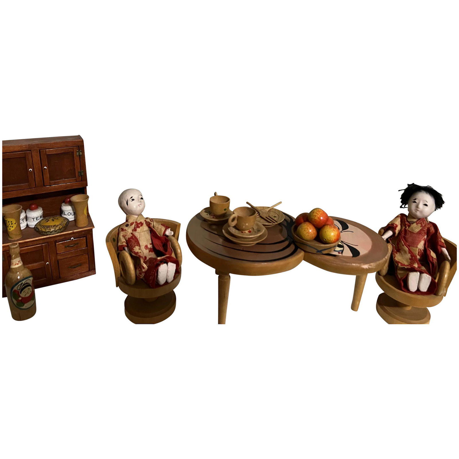 Vintage Japanese Miniature Doll dining room set: Vintage Japanese Miniature Doll dining room set ,comes with 2 dolls ,table chairs, plates forks, cups,back hand painted Screen,hutch with smalls. Shipping: Domestic: Flat-rate of $20.00 to anywhere wi
