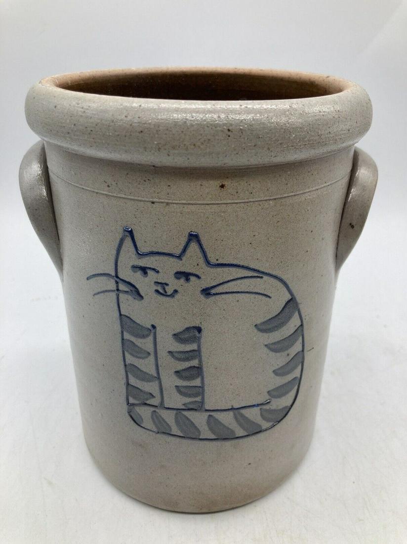 Vintage ROCKDALE UNION STONEWARE BLUE CAT SALT GLAZE POTTERY CROCK (1 of 8)