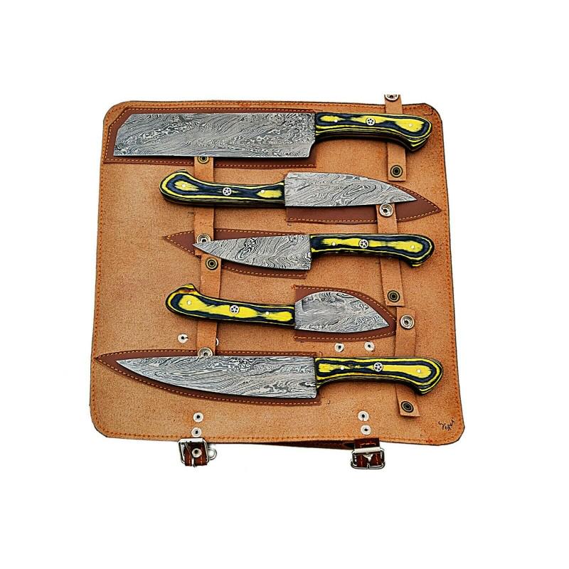 Set 5 kitchen chef damascus steel knives hunting wood (1 of 5)