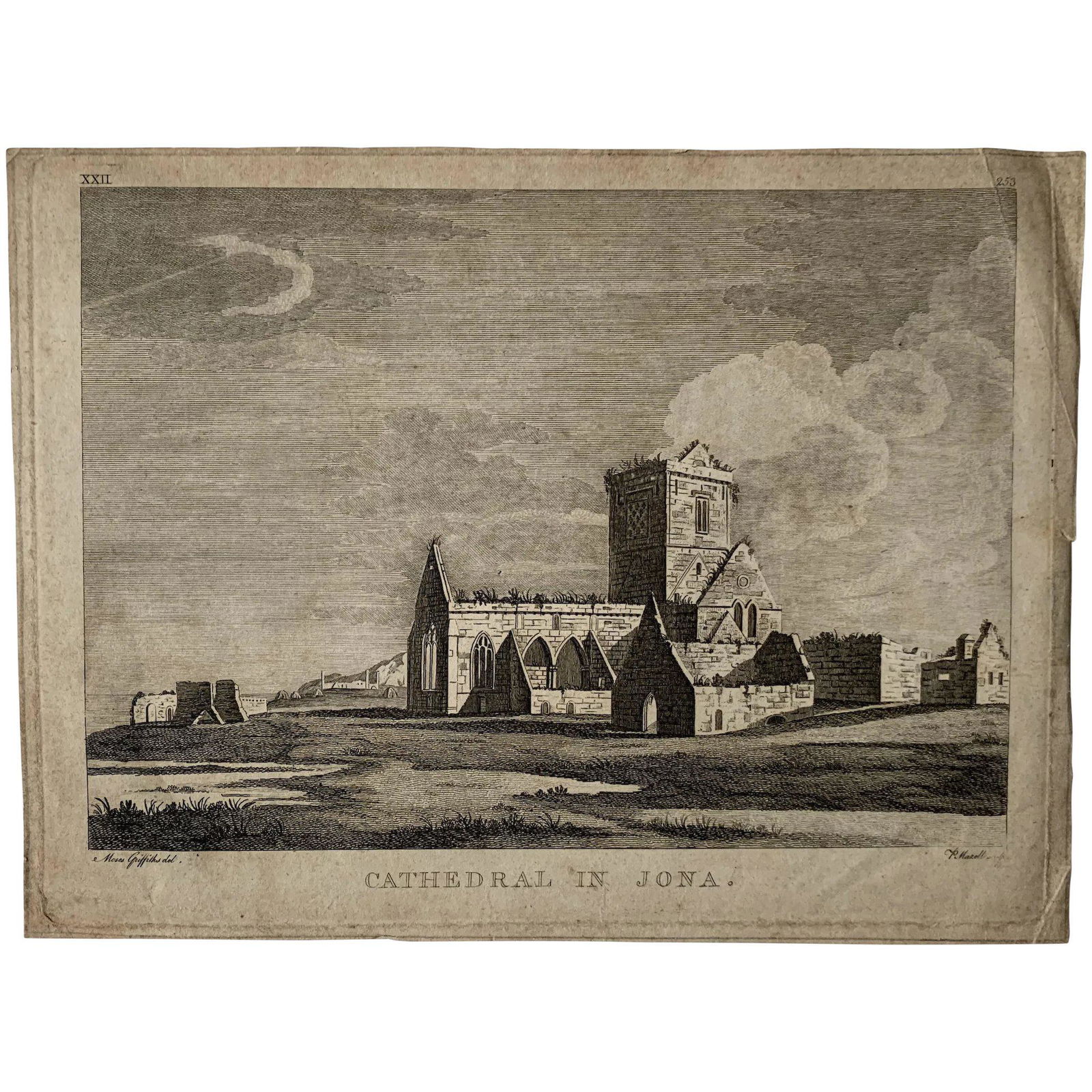Cathedral in Jona, Scotland. Antique engraving old print from 18th century (1772): Title: Cathedral in Jona. Engraver: Peter Mazell, 1761 fl-1802. Artist: after Moses Griffith, 6 April 1747 – 11 November 1819 Plate size: 16,7x22,3 cms. Provenance: A Tour in Scotland, and Voyag