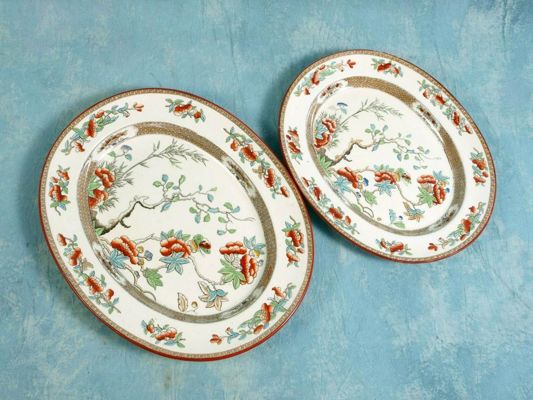 COPELAND Indian India Tree Green Rust Oval Platters Victorian c. 1860 England: These are two exceptional early platters made by William Taylor Copeland in famous Indian tree pattern. They had impressed Copeland mark, that dates the pieces between 1850 and 1866. The platters are
