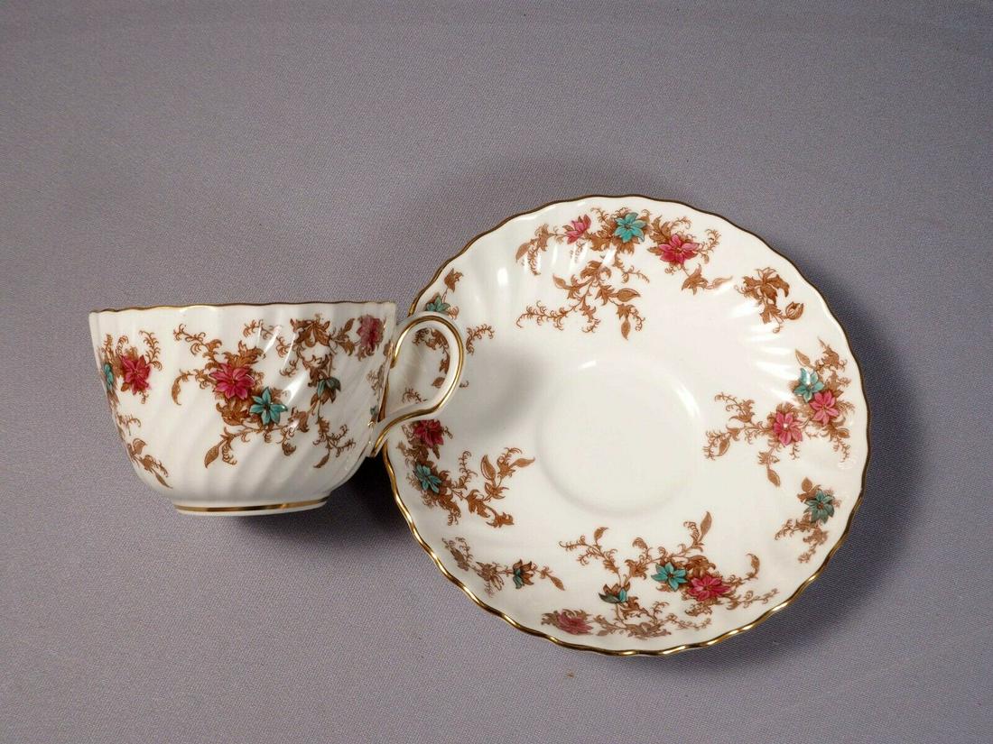 MINTON ANCESTRAL Coffee Tea cup Saucer Set Newer S376: This is one gorgeous set of one Tea/Coffee cup and saucer, from the famous ANCESTRAL collection by Minton - Made in England. The pattern is with swirling shape, brown leaves and flowers, raised pink a
