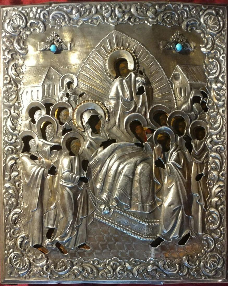 ANTIQUE 18c HAND PAINTED 84 SILVER OKLAD RUSSIAN ICON "DORMITION MOTHER OF GOD: STUNNING RUSSIAN ANTIQUE 18c ICON OF THE DORMITION OF THE MOTHER OF GOD WITH GILT 84 SILVER OKLAD ADDED LATER DATED 1844. SIZE ;H : 12 1/4 x 10 1/2 INCHES(32 x 26,5 CM). Reserve: $4,995.00 Shipping: D