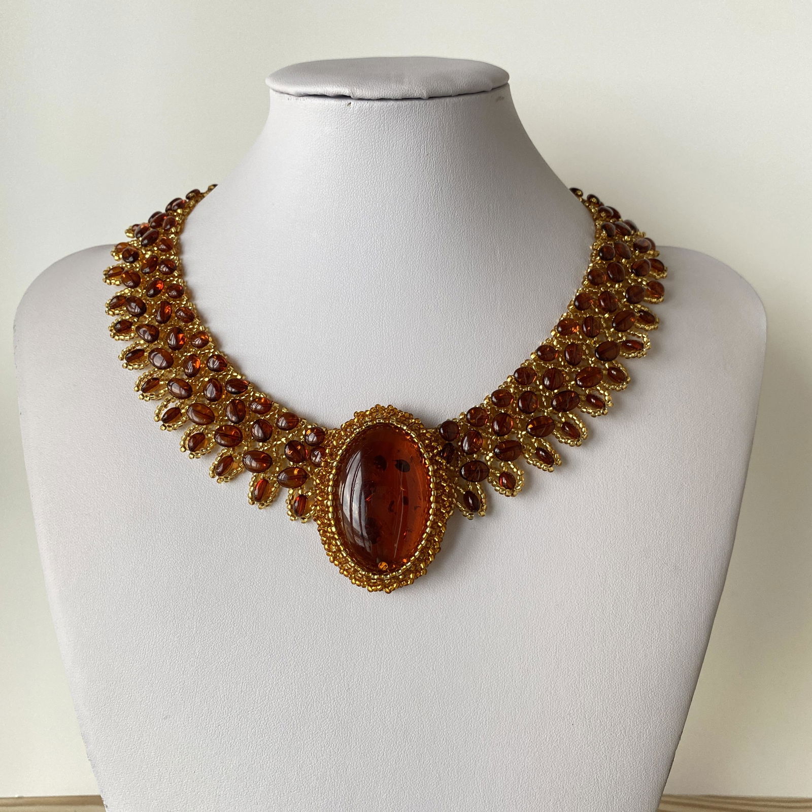 Unique and Staggering Amber Floral Necklace made from leaf like bead ornaments (1 of 16)
