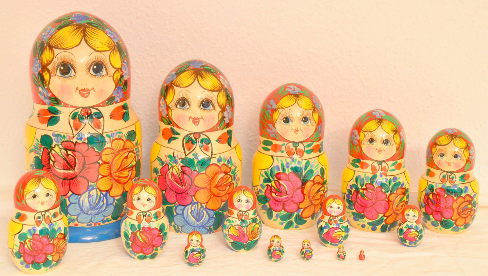 Matreshka: Matreshka. Traditional russian wooden nesting doll. Handmade, handpainted, 15 pcs. "Dimensions: 15 × 31 cm" Reserve: $190.00 Shipping: Domestic: Flat-rate of $50.00 to anywhere within the contigu