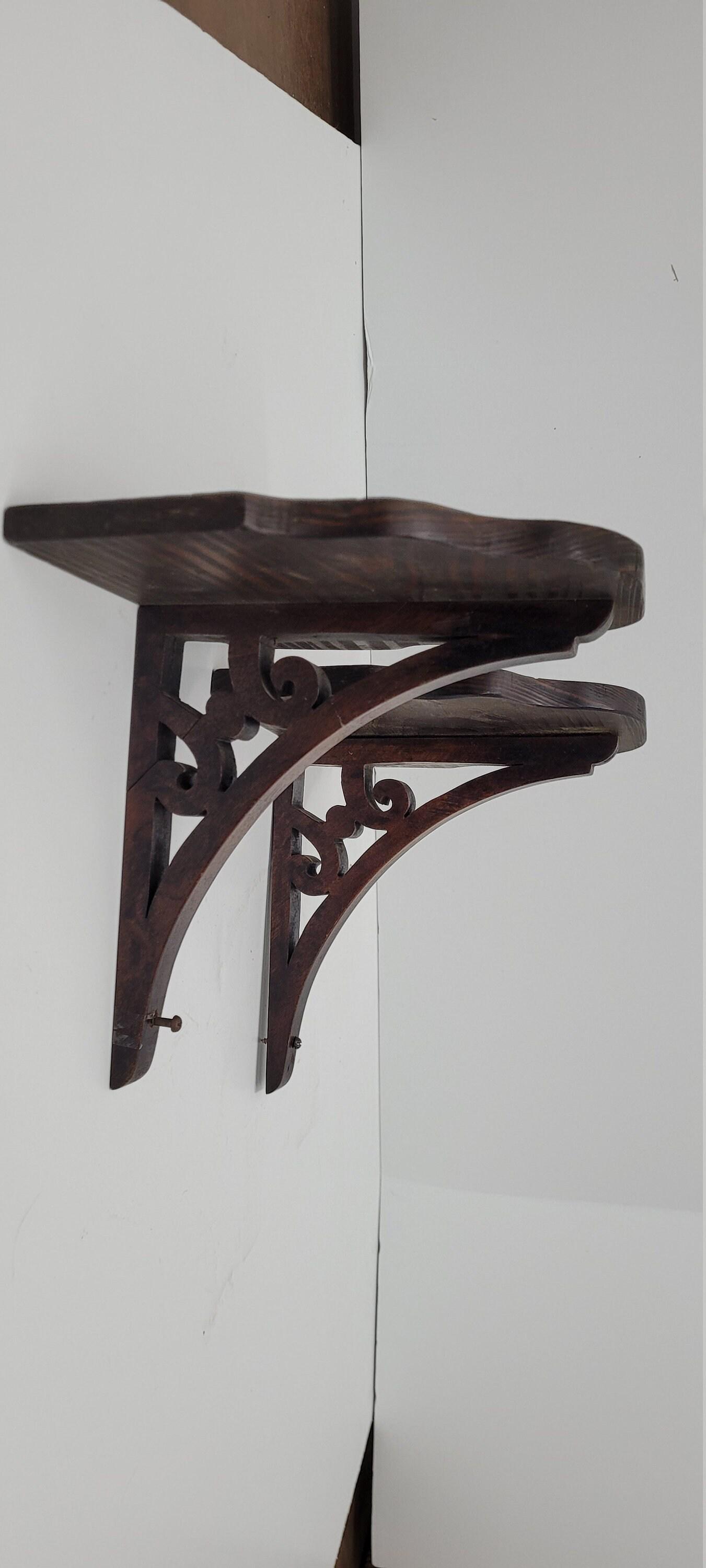 Vintage Pair of Wall Sconce Shelves Dark Wood Hand Craved Rustic Farmhouse Home Decor Display (1 of 10)