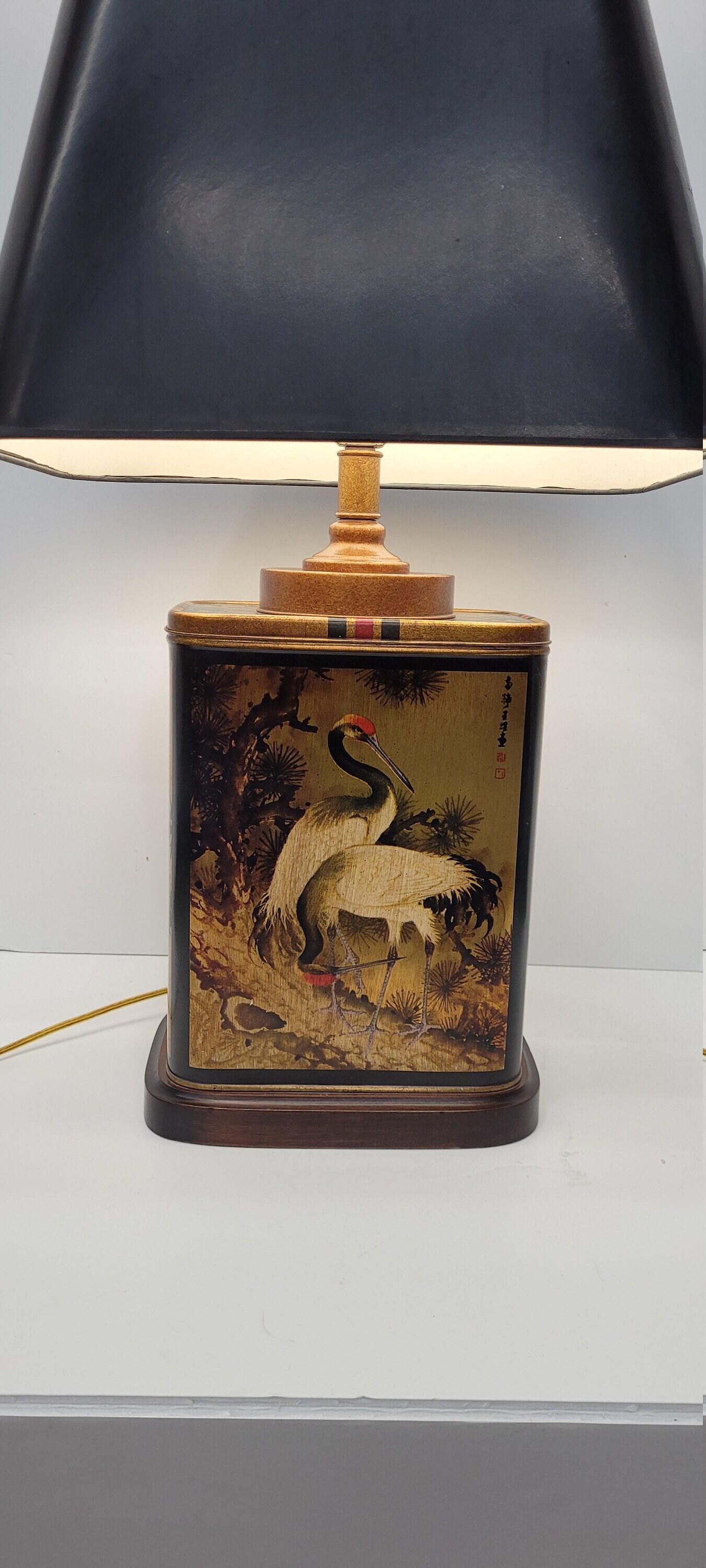 Vintage Frederick Cooper Table Lamp Asian Black Gold Tin Chinese Cranes Chinoiserie Tea Canister: Title: Vintage Frederick Cooper Table Lamp Asian Black Gold Tin Chinese Cranes Chinoiserie Tea Canister Description: Vintage from the 1980s Materials: Metal Height: 26 inches Width: 16 inches Depth: 1