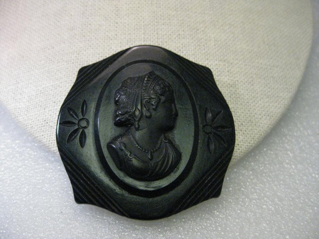 Vintage Brooch, Black Mourning Cameo Brooch, Bakelite Woman with Headdress, early 1900s (1 of 9)