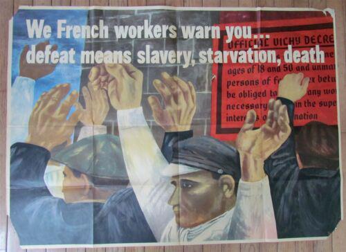 BEN SHAHN ORIGINAL VINTAGE POSTER WE FRENCH WORKERS WARN YOU: Size 40 by 28" Folded. Wear visible on the photo Reserve: $175.00 Shipping: Domestic: Flat-rate of $25.00 to anywhere within the contiguous U.S. International: Foreign shipping rates are determined by
