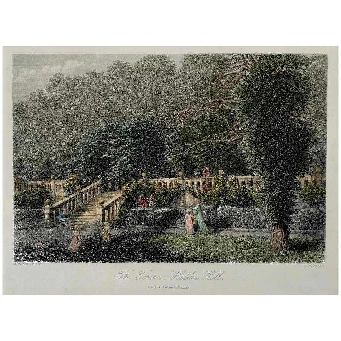 Antique engraving. Derbyshire, Haddon Hall Terrace, 1875.: Title: The Terrace, Haddon Hall. Engraver: John Godfrey (British, 1817-1889). Artist: after John Chase (British, 1810–1879). Description: Steel engraved antique print with recent hand colour, on