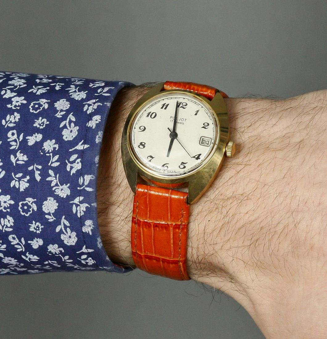 Poljot Vintage Men Wrist Watch / Antique Unisex White USSR Watches: Materials Band material: Leather Gold, Stainless steel Poljot vintage men wrist watch russian antique unisex white USSR watches. rare original vintage Soviet watch Poljot. Mechanical USSR watch. Vinta