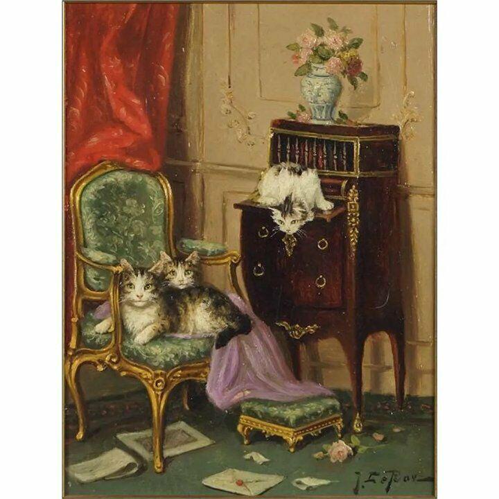 Jules Le Roy (French, 1835-1865) Trouble Brewing Painting of Cats (1 of 10)