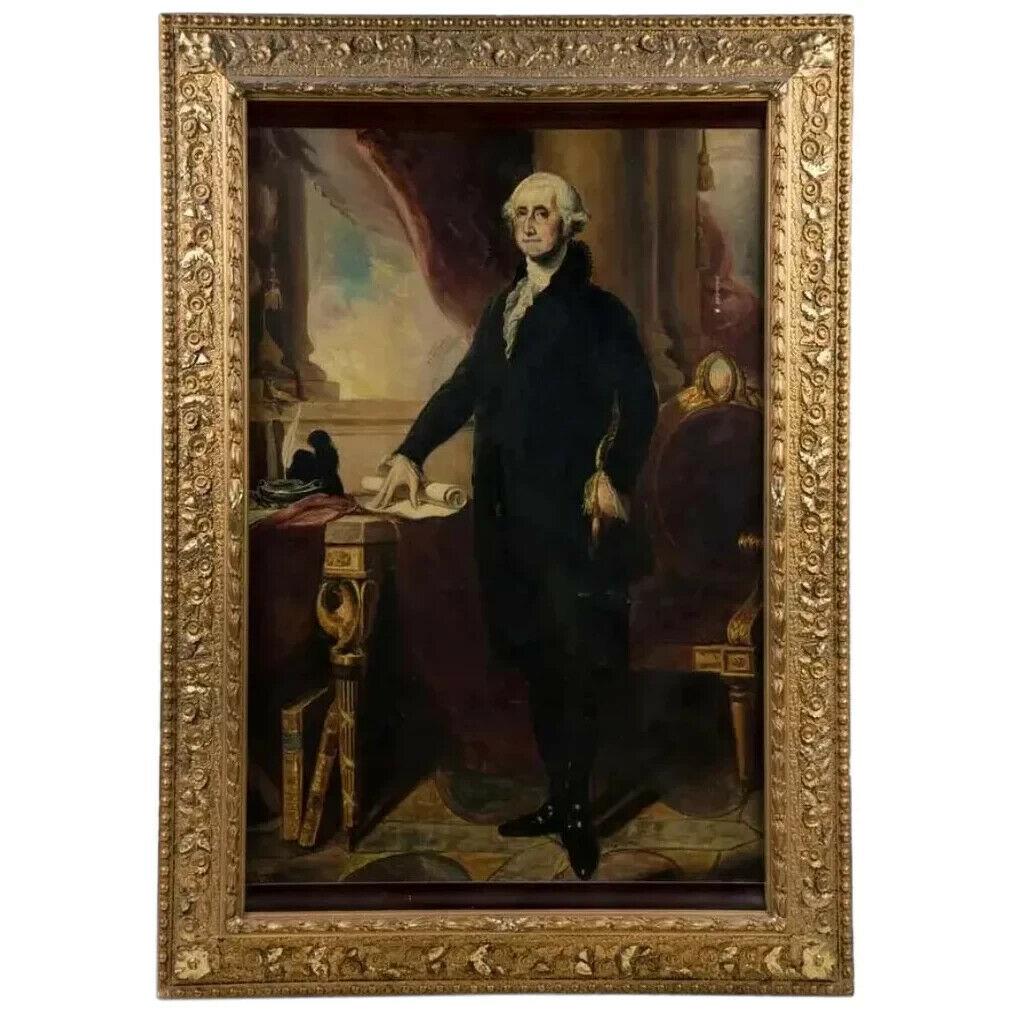 Antique Lansdowne Portrait Of George Washington After Gilbert Stewart: Lansdowne Portrait Of George Washington After Gilbert Stewart An antique oil on board painting after Gilbert Stuart (American, 1755-1828) depicting a portrait of president George Washington in his off