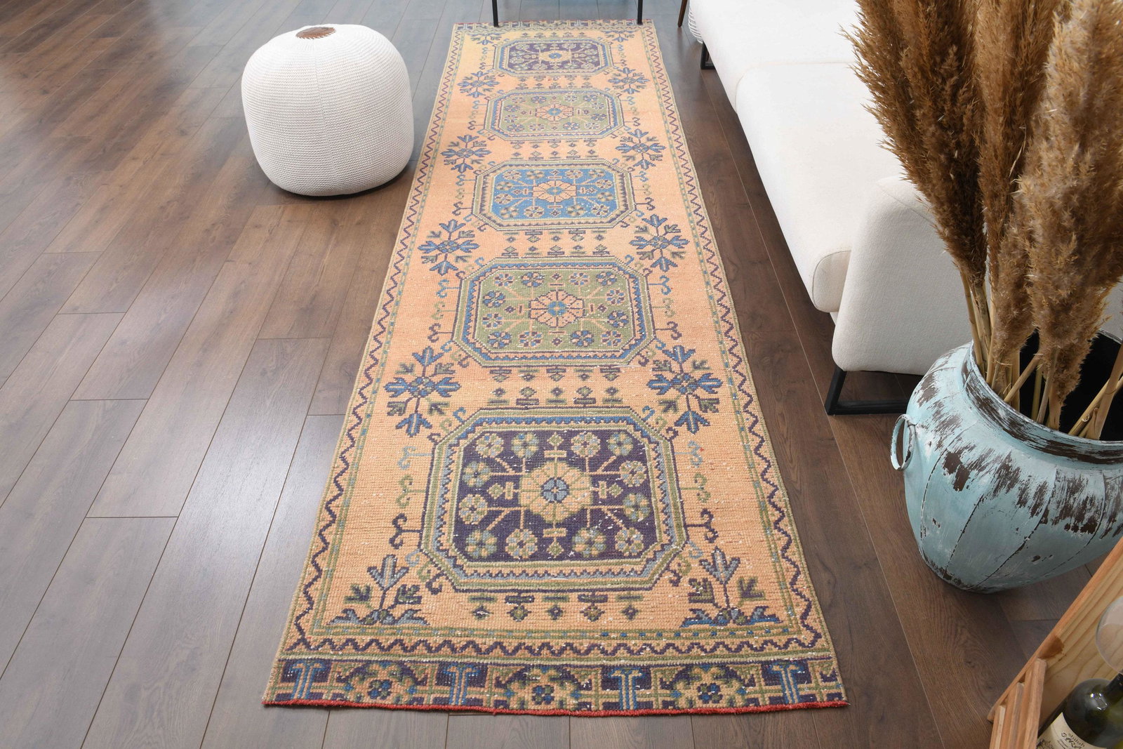3x11 Turkish Vintage Oushak Runner: Title: 3x11 Turkish Vintage Oushak Runner Date/Period: 1960 - 1970 Origin: Turkey Dimension: 3.1x10.6 ft (93x324 cm) Materials: Wool and Cotton Provenance: This Turkish one-of-a-kind Vintage Rug is ha