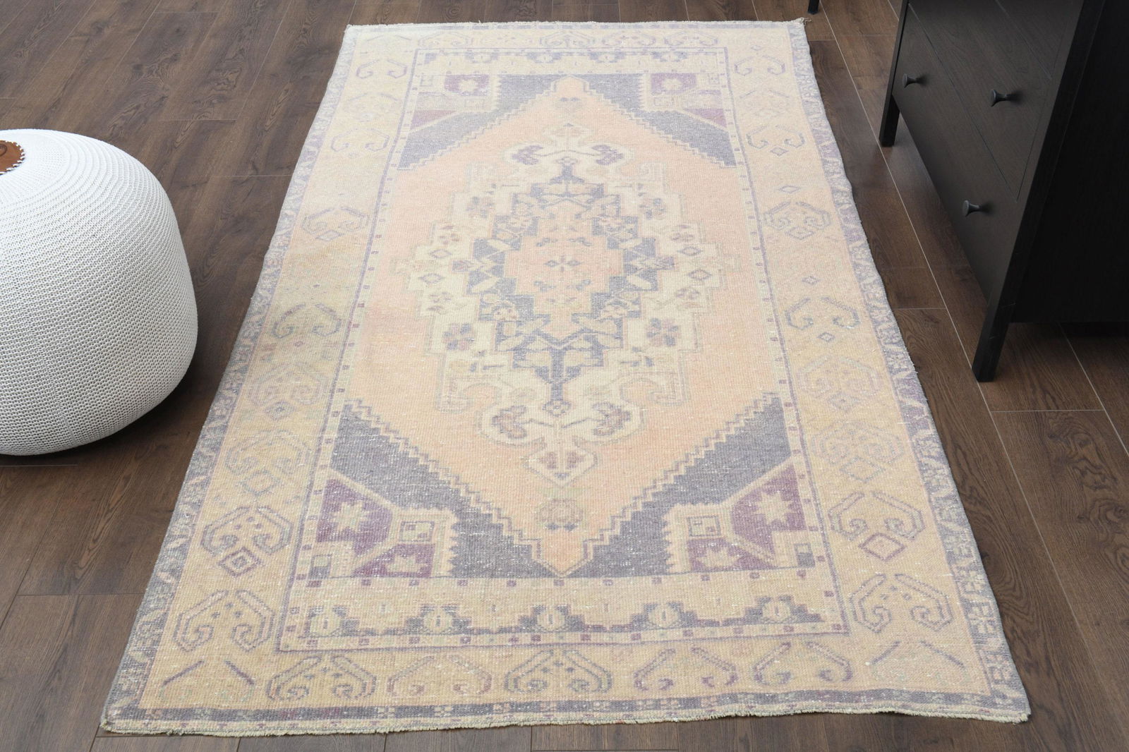 4x7 Turkish Antique Oushak Handmade Wool Rug: Title: 4x7 Turkish Antique Oushak Handmade Wool Rug Date/Period: 1960 - 1970 Origin: Turkey Dimension: 4.1x6.6 ft (125x202 cm) Materials: Wool and Cotton Provenance: This Turkish one-of-a-kind Vintage