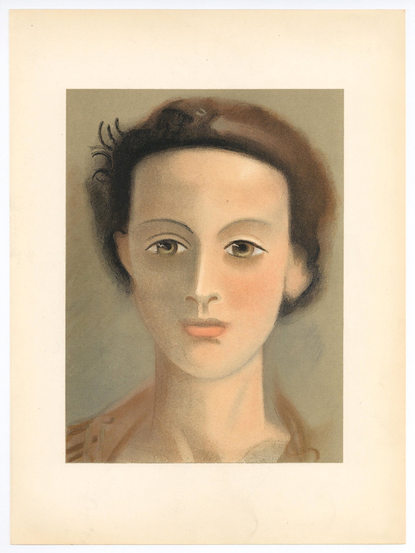 Andre Derain lithograph "Portrait": Medium: lithograph. Medium: lithograph. Printed in 1939 by Mourlot Freres and published by Teriade for Verve (Volume 1, Number 5-6). Size: 13 3/4 x 10 1/8 inches (347 x 257 mm). There is another litho