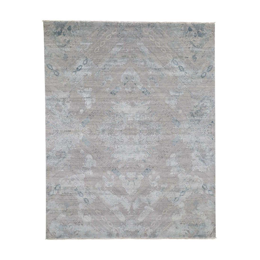 Gray Wool & Pure Silk With Geometric Design Hand-Knotted Oriental Rug (1 of 12)