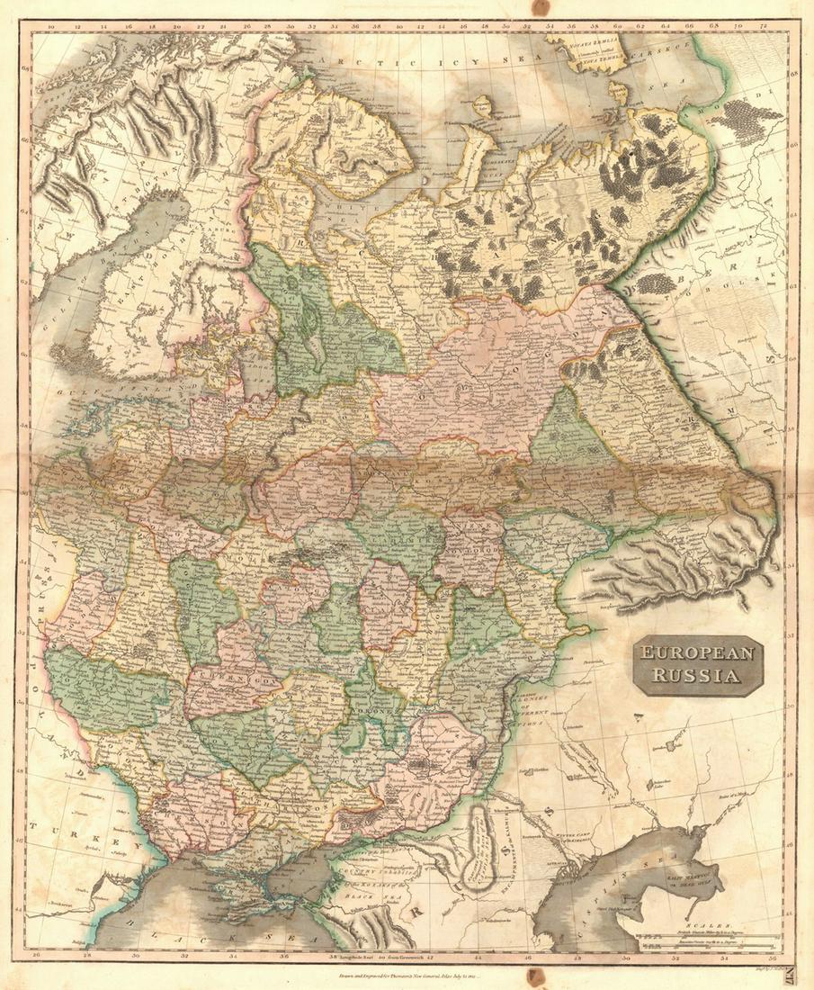 European Russia: Publication Date: 1817 Title: European Russia Cartographer: THOMSON, JOHN & CO. Publisher: JOHN THOMSON, JUNR. & CO. Height: 23.3 Width: 19.5 No.17 from Thomson's New General Atlas 1817. J. Moffat Edi