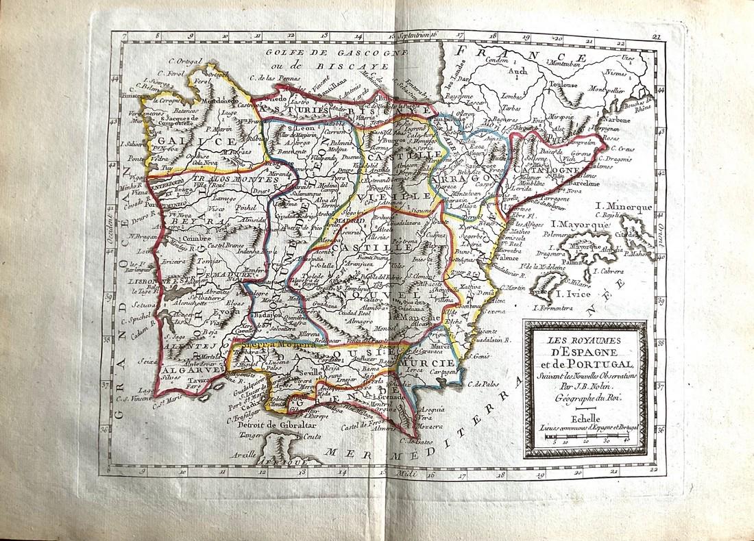 Spain and Portugal 1780/81. Scarce map by J. B. Nolin: Title: Spain and Portugal 1780/81. Scarce map by J. B. Nolin Date/Period: 1780/81 Materials: Hand colored copper plate engraved Size: 14 1/2 x 10 1/4” With a somewhat unusual boundary for Portugal.