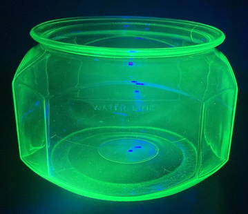 LARGE VINTAGE VASELINE URANIUM GLASS FISHBOWL AQUARIUM Glows!: Title: LARGE VINTAGE VASELINE URANIUM GLASS FISHBOWL AQUARIUM Glows! Date/Period: Dimension: approx 8 x 6 Materials: glass Additional Information: LARGE VINTAGE VASELINE URANIUM GLASS FISHBOWL AQUARIU