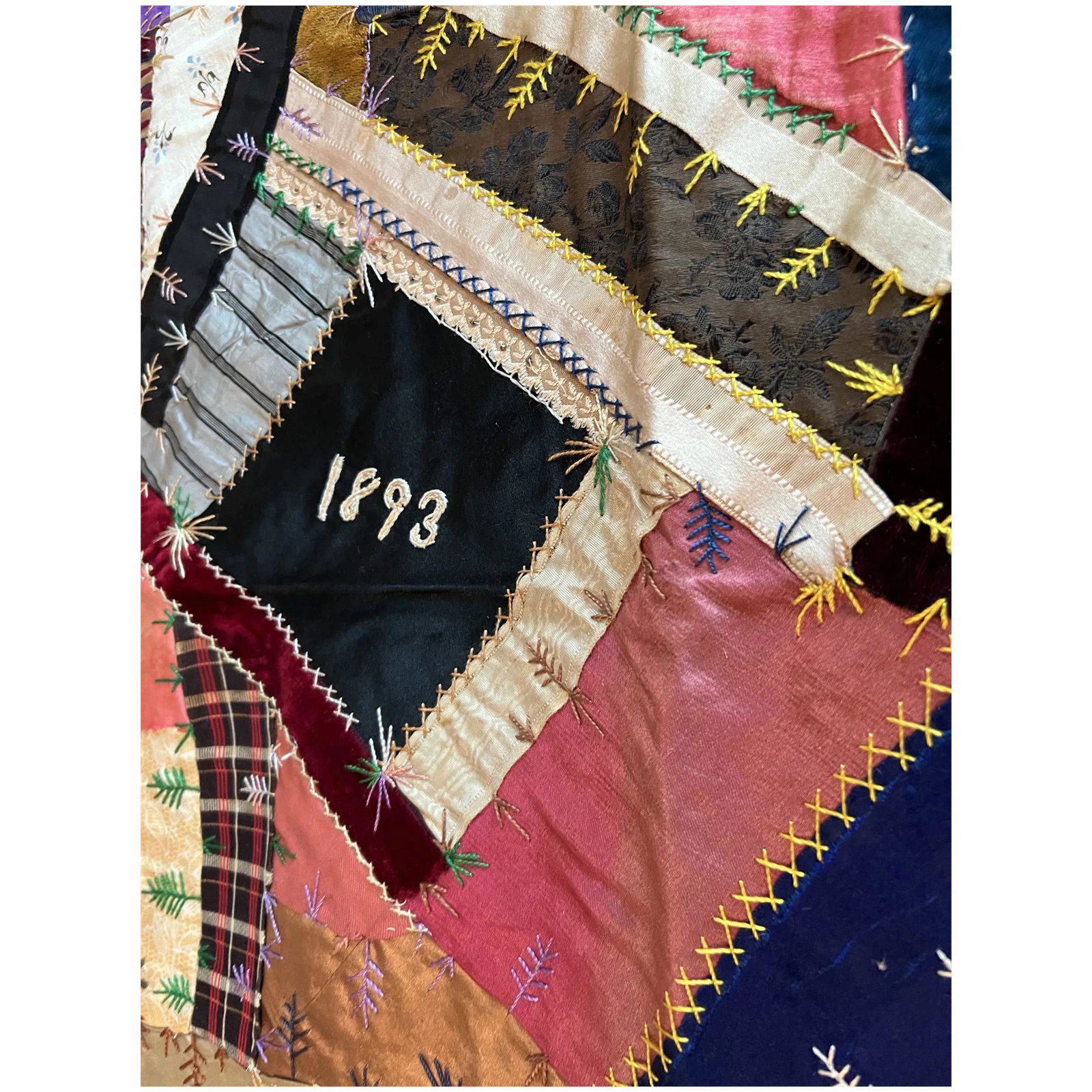 Antique Handmade Hand Stitched Crazy Quilt Top - signed with date 1893 (1 of 15)