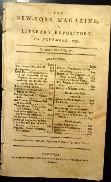 1793 New York Magazine Finance Philadelphia: Title: 1793 New York Magazine Finance Philadelphia Additional Information: "The New-York Magazine; or Literary Repository for November 1793, printed by Thomas and James Swords. 64 pages, lacks engrave