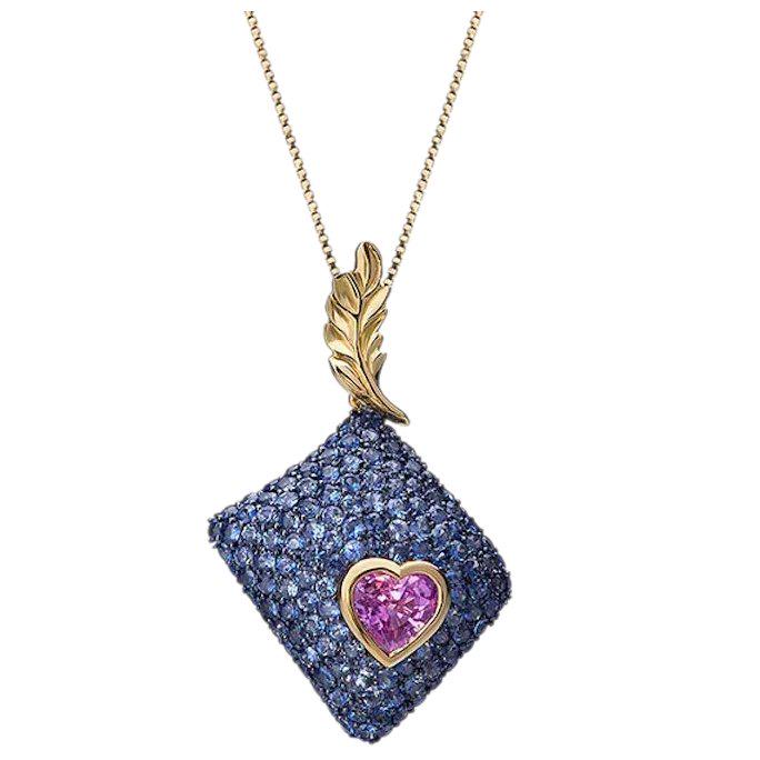 Pink Heart Sapphire and Blue Round Sapphires Gold Pendant (1 of 5)