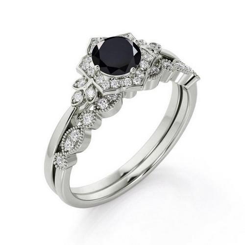 Natural Black Onyx Engagement Ring Set, Art Deco Floral Engagement Ring Set, 14k Onyx Wedding Ring: Title: Natural Black Onyx Engagement Ring Set, Art Deco Floral Engagement Ring Set, 14k Onyx Wedding Ring Set, 2Pcs Anniversary Ring Set For Women. Additional Information: PRODUCT DETAILS - Accent Sto