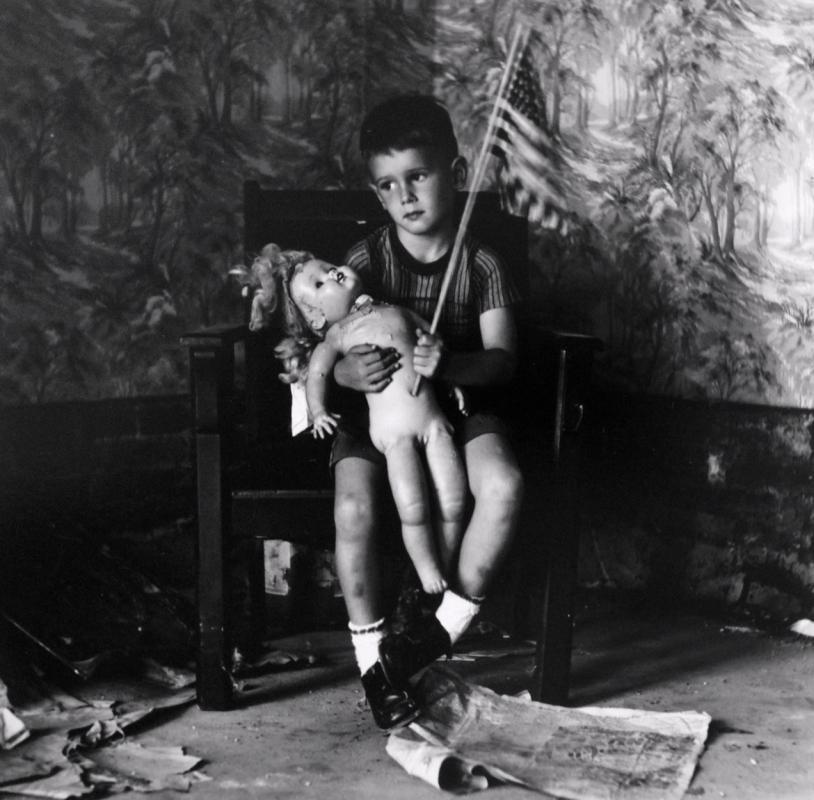 Ralph Eugene Meatyard: untitled (Boy with Flag): Title: Ralph Eugene Meatyard: untitled (Boy with Flag) Date: 1959/1974 Medium: gelatin silver print Dimensions: 7 x 7.5 inches each Description: One of Meatyard's iconic images. Archivally matted. Fro