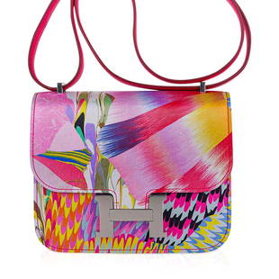 Hermes Constance Marble Silk 18 Limited Edition Bag Palladium Hardware: Limited edition Hermes Constance 18 spectacular Marble Silk bag. Accentuated with Rose Extreme Swift leather. This rare technique creates exquisite colours in this intricate design. A Japanese silk