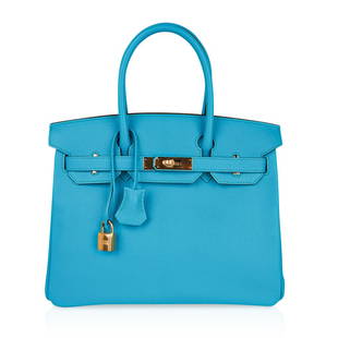 Hermes Birkin 30 Bag Bleu Aztec Chevre Gold Hardware Very Rare: Guaranteed authentic Hermes Birkin 30 bag featured in coveted Blue Aztec. This stunning rare colour is considered to be among the most gorgeous of all Hermes Blue hues. Chevre leather accentuates the