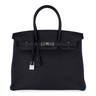 Hermes Birkin 35 HSS Bag Black / Turquoise Brushed Palladium Togo Leather: Guaranteed authentic Hermes Birkin HSS 35 bag featured in Black with Turquoise interior and piping. A stunning special order Hermes Birkin bag. Unique with rare brushed palladium hardware. The
