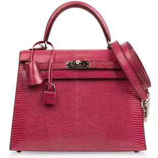 Hermes Kelly 25 Bag Sellier Fuschia Pink Lizard Palladium: Guaranteed authentic Hermes Kelly 25 Sellier bag features a rare combination of lizard in all grown up retired Fuchsia pink. Complimented with palladium hardware. Divine size for day to evening. 