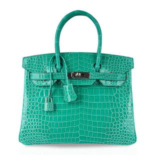 Hermes Birkin 30 Vert Jade Porosus Crocodile Bag Palladium Hardware: Guaranteed authentic Hermes Birkin 30 bag featured in exquisite and breathtaking Jade in Porosus Crocodile. This limited edition Hermes Birkin bag is show stopping and over the top fabulous! This