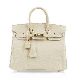 Hermes Birkin 25 Bag Blanc Casse Lizard Gold Hardware Very Rare: Guaranteed authentic Hermes Birkin 25 bag featured in very rare Blanc Casse lizard. Exquisite pale buttery cream with lush Gold hardware. The most sublime colour, this rare Hermes Birkin bag is a