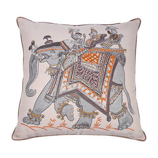 Hermes Beloved India Pillow GM Grey / Brown / Orange New: Rare Hermes Beloved India GM Pillow. Designed by Philippe Dumas in 2009. The removable cover is silk cotton and viscose. Colors are Brown, Grey, and Orange The design is an homage to Indian folk