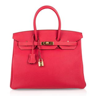 Hermes Birkin 35 Bag Vermillion Red Togo Gold Hardware: Guaranteed authentic Hermes Birkin 35 bag features Vermillion Red in togo leather. Lush with gold hardware. Togo leather is scratch resistant. NEW or NEVER WORN. Accompanied with lock, keys,