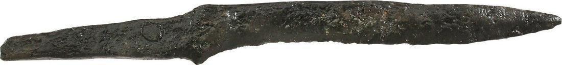 VIKING POUCH KNIFE, 9th-11th CENTURY: 3 5/8" total length. Thin section for slashing. Straight back and tapered through its length in the scramseax fashion. Whittle tang, to secure it to the wood, bone, or antler grip, now perished. (See