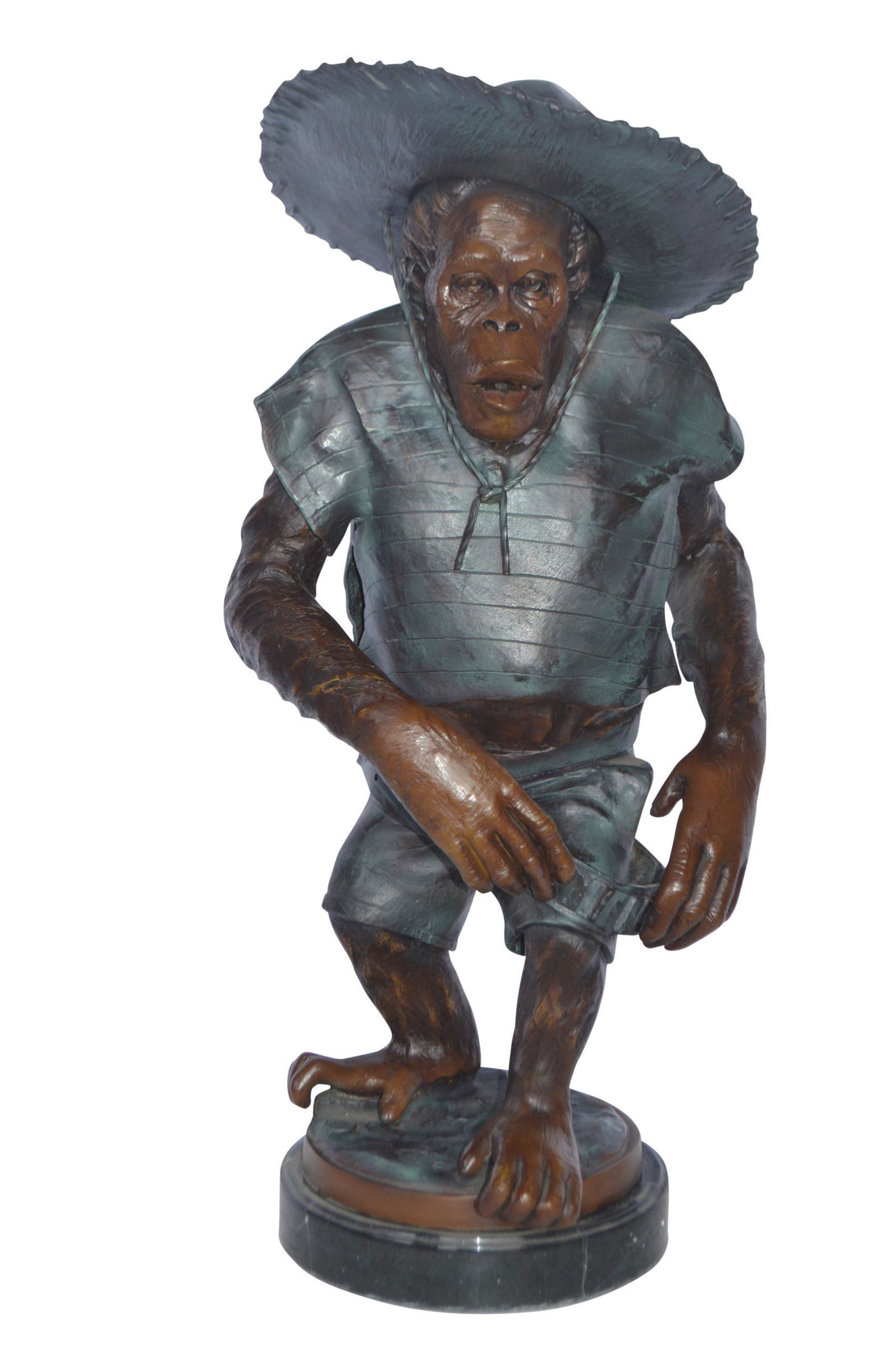 Monkey Cowboy bronze statue – Size: 14?L x 12?W x 29?H.: This humorous bronze statue is of a monkey dressed in a cowboy outfit. With a cowboy hat atop his head, this work of art is sure to attract smiles and laughter. The artist used a process known as enam