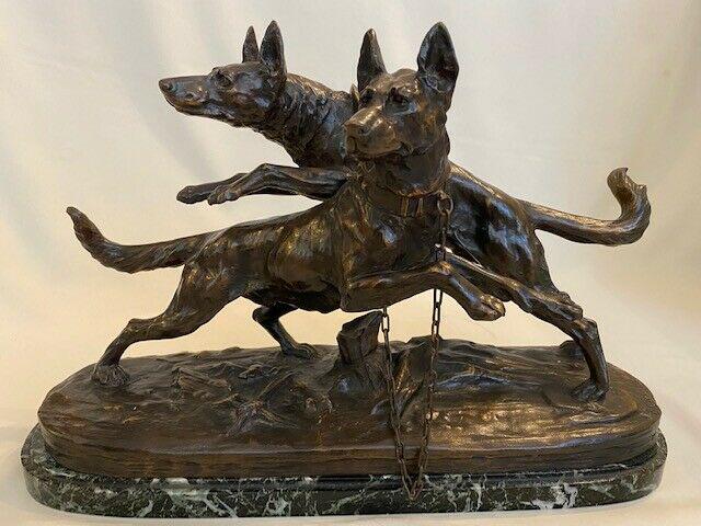 Antique Bronze Statue by Edouard Drouot (1859 - 1945) ”Two German shepherd dogs" (1 of 12)