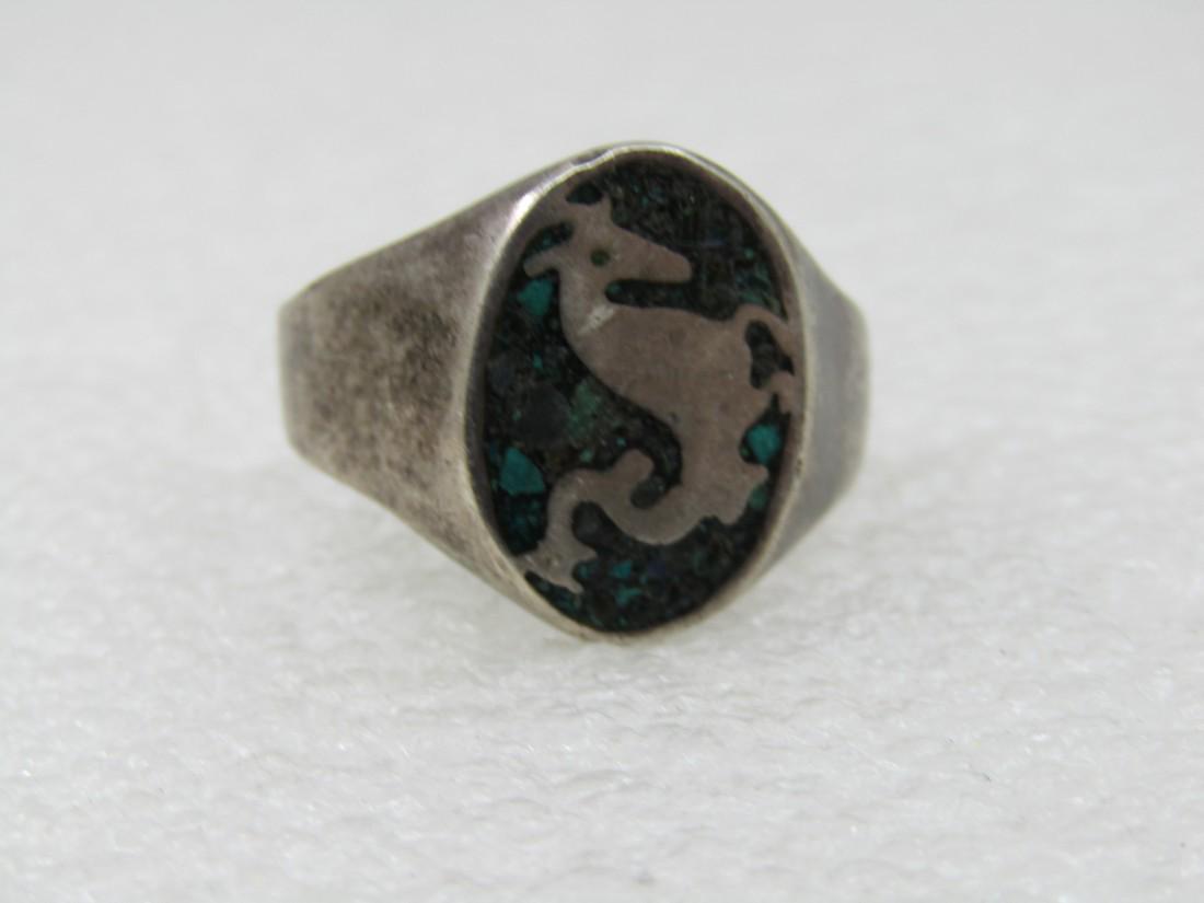 Vintage Sterling Mexican Mythical Men's Ring, Hippocamp, Inlaid Turquoise, Sz. 14.5 , Signed (1 of 7)