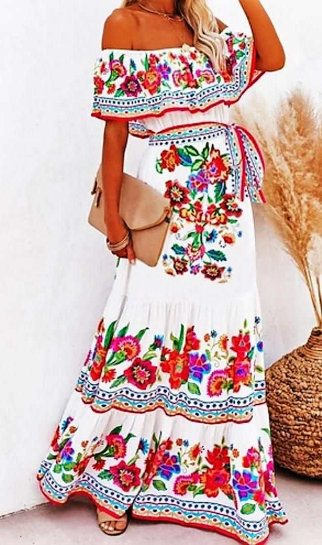 Vtg Fiesta Mexicana Maxi Off The Shoulder Floral Printed Dress w/ Belt: Vintage from the 1990s Materials: Cotton Blend, Rayon, Elastic, Off Shoulder, Floral Print Size: l us women's letter Description Beautiful Ethnic Fiesta Mexicana Maxi Dress Off Shouders Belt Size-M/L 