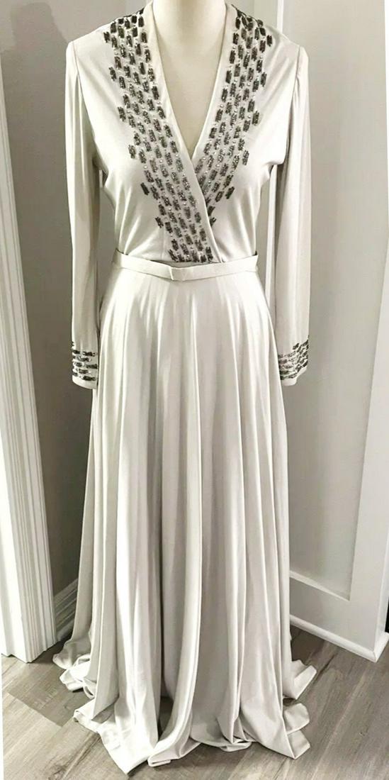 Vtg 1950's Victoria Royal Silver/Grey Maxi Embellished Gown zipper sleeves and Belt (1 of 7)