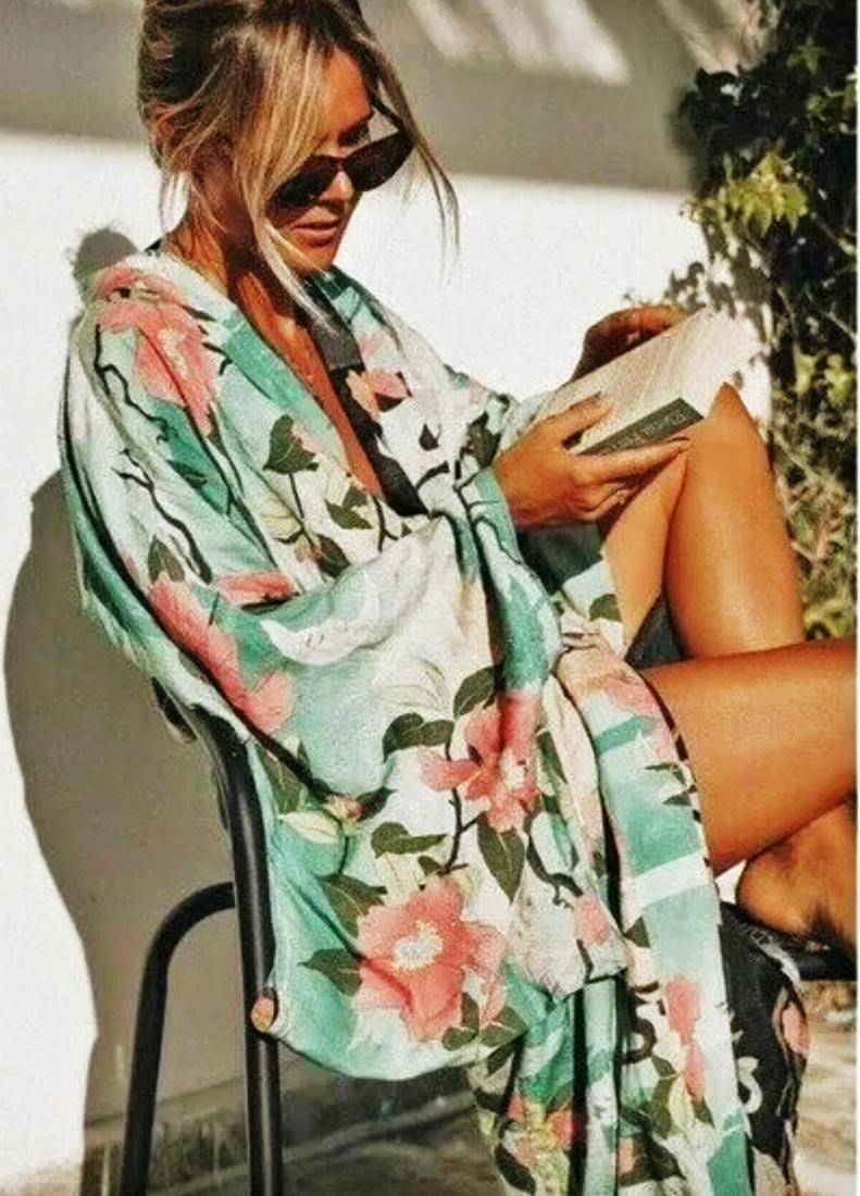 Vtg Boho Chic Maxi Hand Printed Kimono Floral Desin circa late 1970's (1 of 5)