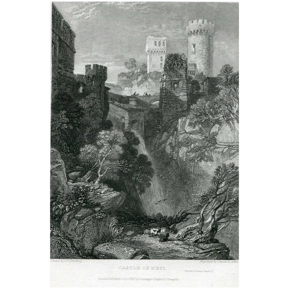 Castle of Nepi, Italy. After J.D. Harding. Engraved by J.B. Allen (1832): Title: Castle of Nepi. Artist: after James Duffield Harding (1708-1863). Engraver: James Bayle Allen (1803-1876). Description: antique steel engraving on wove paper after the original oil on canvas by