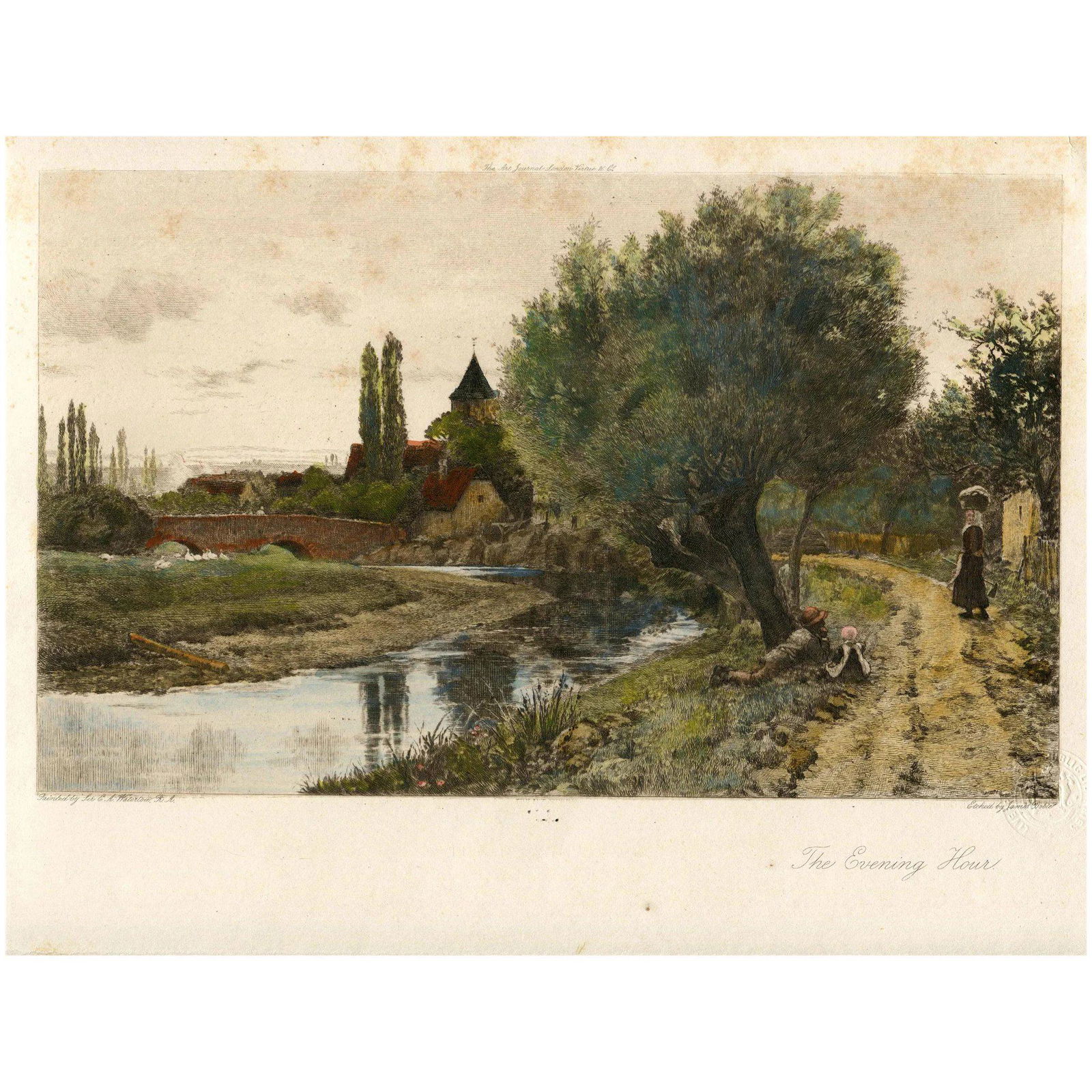 Antique engraving. The evening hour, after E.A. Waterlow. Engraved by J. Dobie (1906): Title: The evening hour. Artist: after Ernest Albert Waterlow (British, 1850 - 1919) Etcher: James Dobie (Bristish, 1849 - c.1911). Production date: 1906. Description: hand colored engraving. With dry