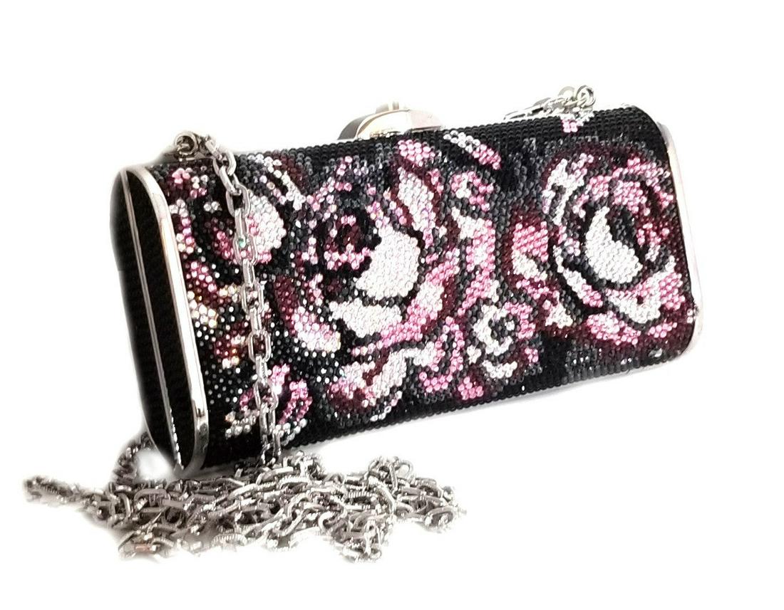 Judith Leiber Swarovski Crystal Black Floral Evening Bag: Judith Leiber Swarovski Crystal Black Floral Evening Bag with Shoulder Chain We offer this stunning collectible Judith Leiber evening bag encrusted in shining swarvoski crystals of black, pink, white