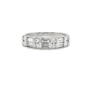 Mimi So Platinum Baguette and Round Diamond Wedding Band Ring Size 5.75: Condition: Excellent Condition, Professionally Cleaned and Polished Metal: Platinum (Marked, and Professionally Tested) Weight: 4.4g Diamonds: .60ctw Baguette and Round Brilliant Diamonds Diamond Colo