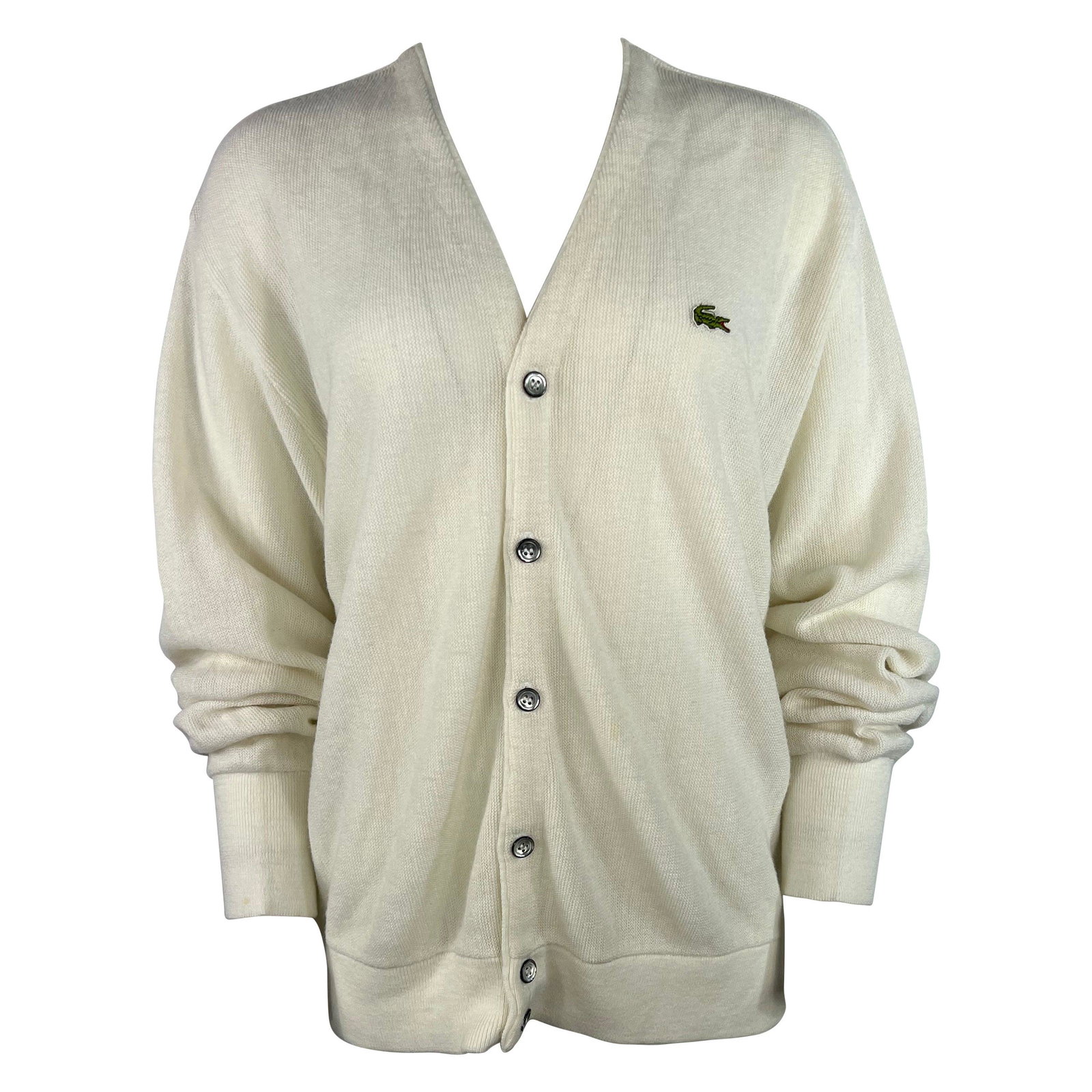Lacoste White Cardigan Sweater, Size Large: Product details: The sweater features v neck line and front button closure with front side logo detail. Details Designer Lacoste Dimensions Length: 26 in. (66.04 cm)Marked Size: Large (US)Bust: 44 in.